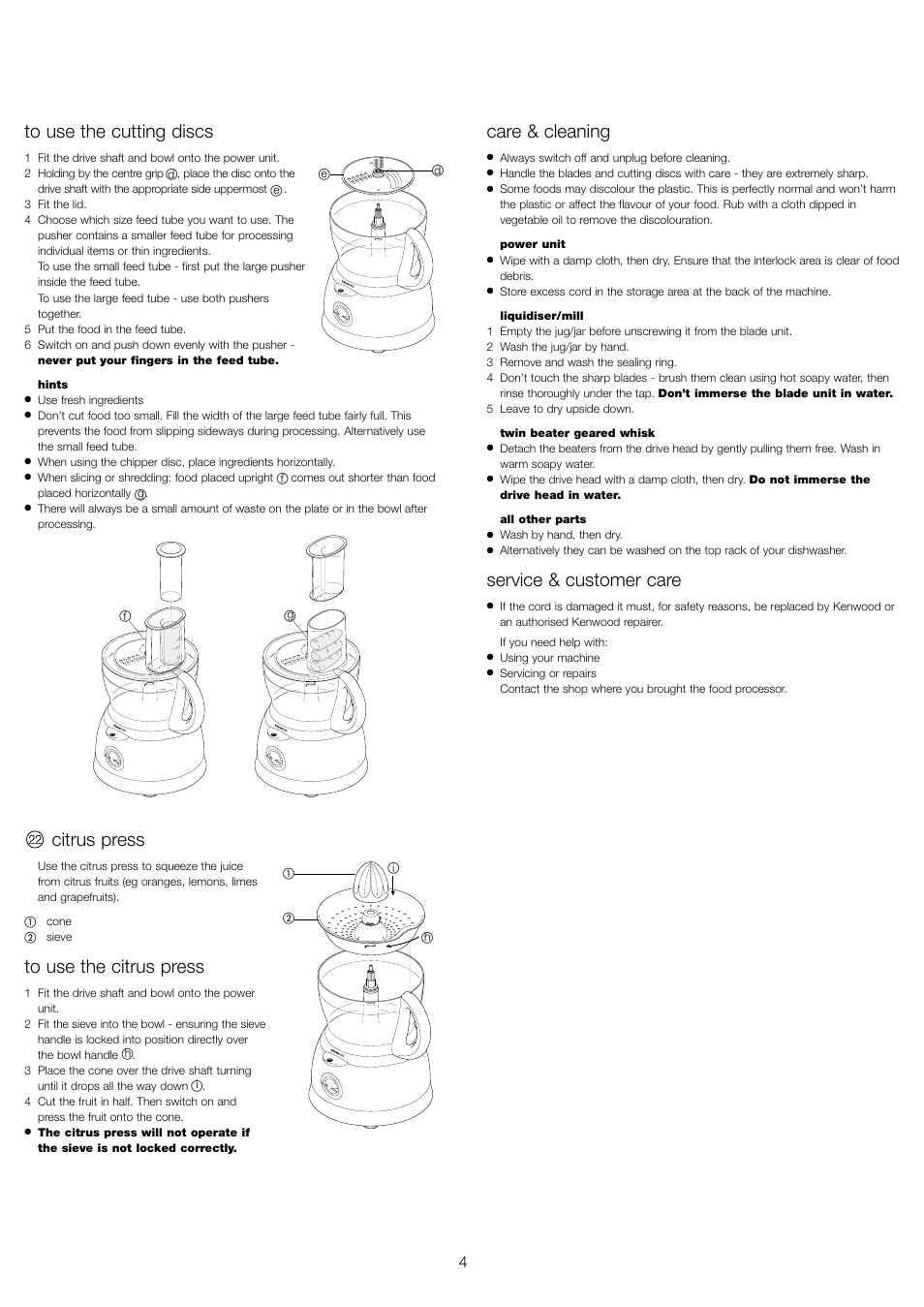 Citrus press, Care & cleaning, Service & customer care | Kenwood FP591 User Manual | Page 6 / 37