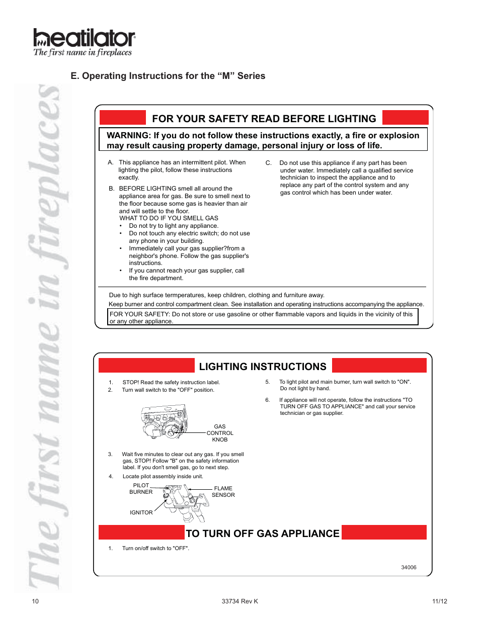 For your safety read before lighting, Lighting instructions, E. operating instructions for the “m” series | Lighting instructions, “m” series | Hearth and Home Technologies FI42SL User Manual | Page 10 / 24