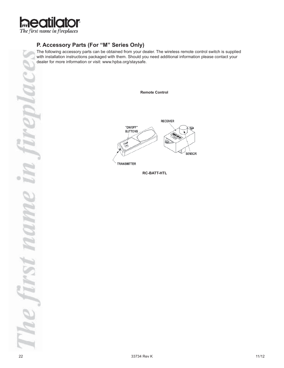 P. accessory parts (for “m” series only) | Hearth and Home Technologies FI42SL User Manual | Page 22 / 24