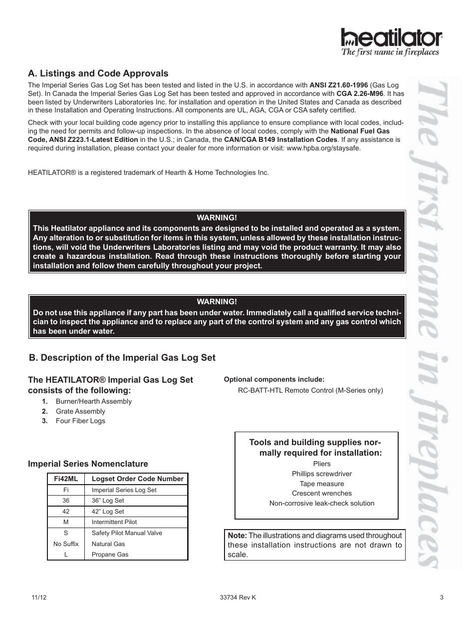 A. listings and code approvals, B. description of the imperial gas log set | Hearth and Home Technologies FI42SL User Manual | Page 3 / 24