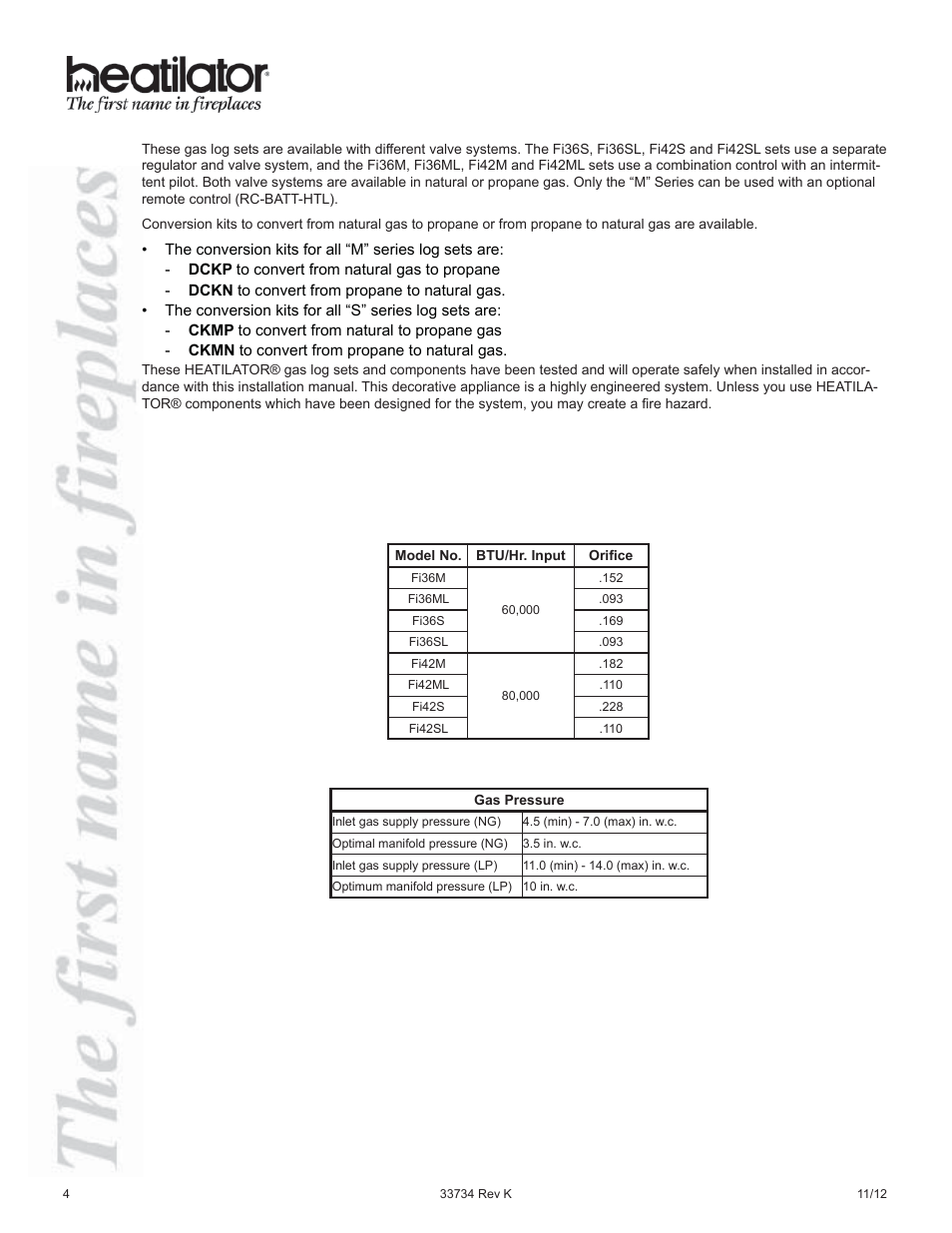 Gas pressure btu/hr. input | Hearth and Home Technologies FI42SL User Manual | Page 4 / 24