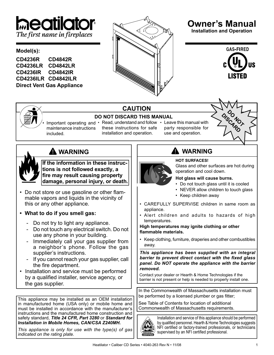 Hearth and Home Technologies Direct Vent Gas Appliance CD4842LR User Manual | 80 pages