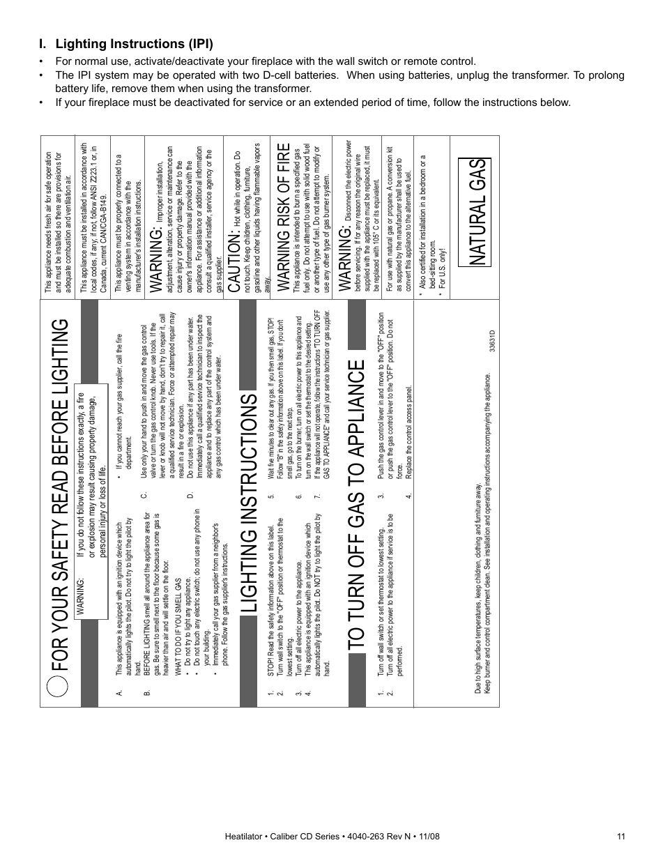 Lighting instructions, For your safety read before lighting, Na tural gas | Warning, Caution, Warning risk of fire, I. lighting instructions (ipi) | Hearth and Home Technologies Direct Vent Gas Appliance CD4842LR User Manual | Page 11 / 80