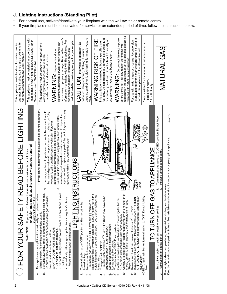 For your safety read before lighting, Na tural gas, Lighting instructions | Wa rning, Caution, Wa rning risk of fire, J. lighting instructions (standing pilot) | Hearth and Home Technologies Direct Vent Gas Appliance CD4842LR User Manual | Page 12 / 80