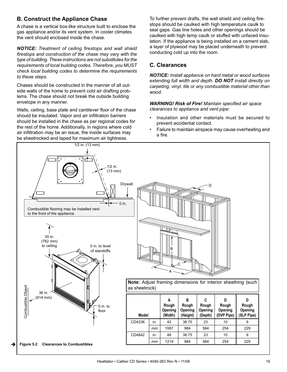 B. construct the appliance chase, C. clearances | Hearth and Home Technologies Direct Vent Gas Appliance CD4842LR User Manual | Page 19 / 80