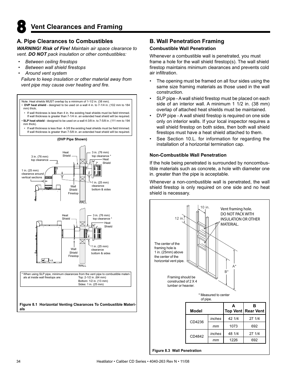 Vent clearances and framing, A. pipe clearances to combustibles, B. wall penetration framing | Hearth and Home Technologies Direct Vent Gas Appliance CD4842LR User Manual | Page 34 / 80