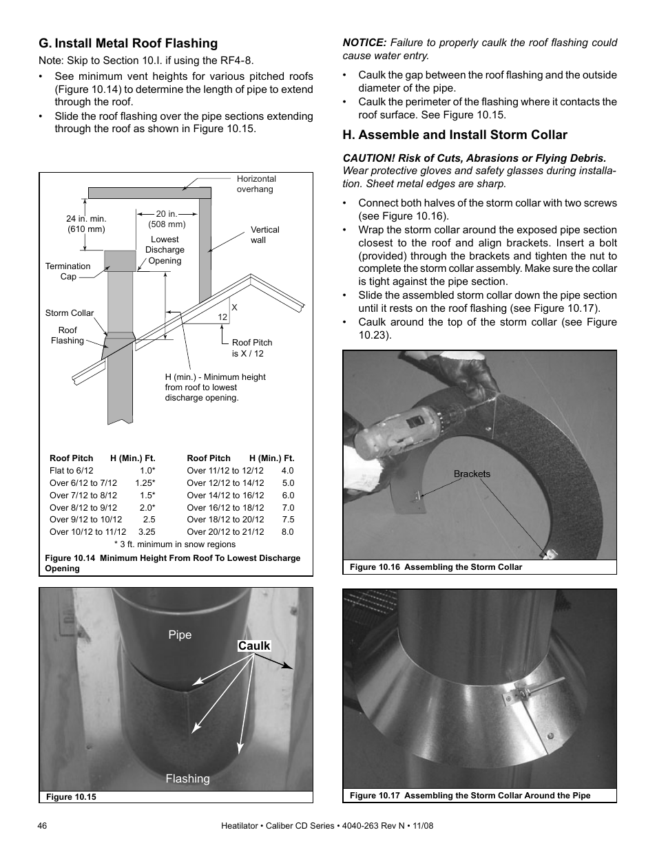 G. install metal roof flashing, H. assemble and install storm collar, Caulk pipe flashing | Hearth and Home Technologies Direct Vent Gas Appliance CD4842LR User Manual | Page 46 / 80