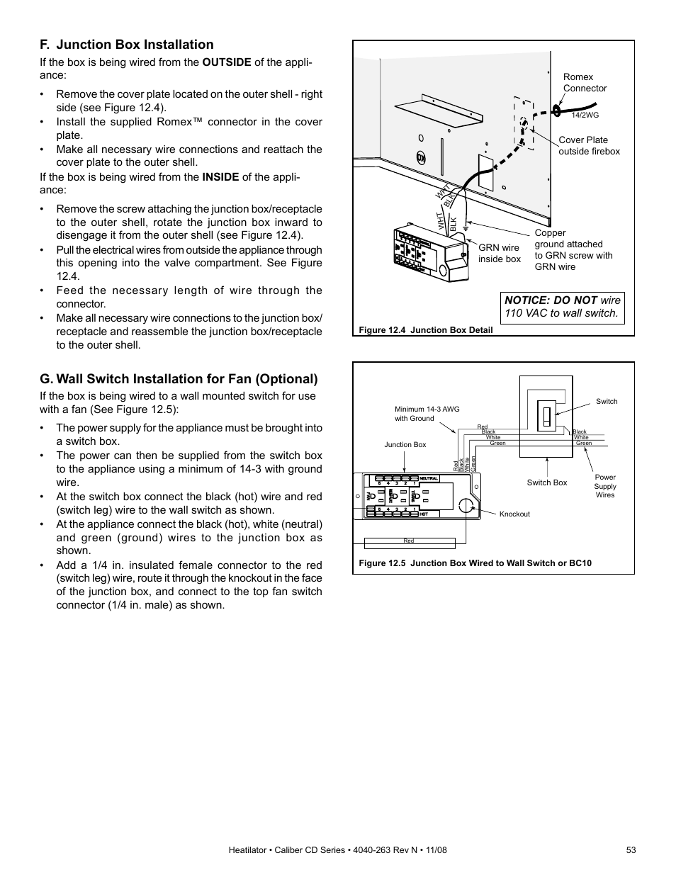 G. wall switch installation for fan (optional), F. junction box installation | Hearth and Home Technologies Direct Vent Gas Appliance CD4842LR User Manual | Page 53 / 80