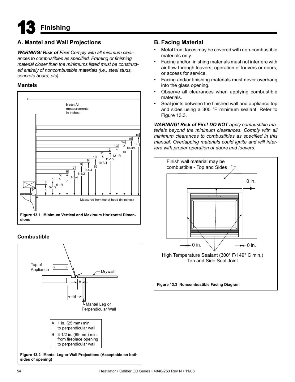 Finishing, A. mantel and wall projections, B. facing material | Hearth and Home Technologies Direct Vent Gas Appliance CD4842LR User Manual | Page 54 / 80