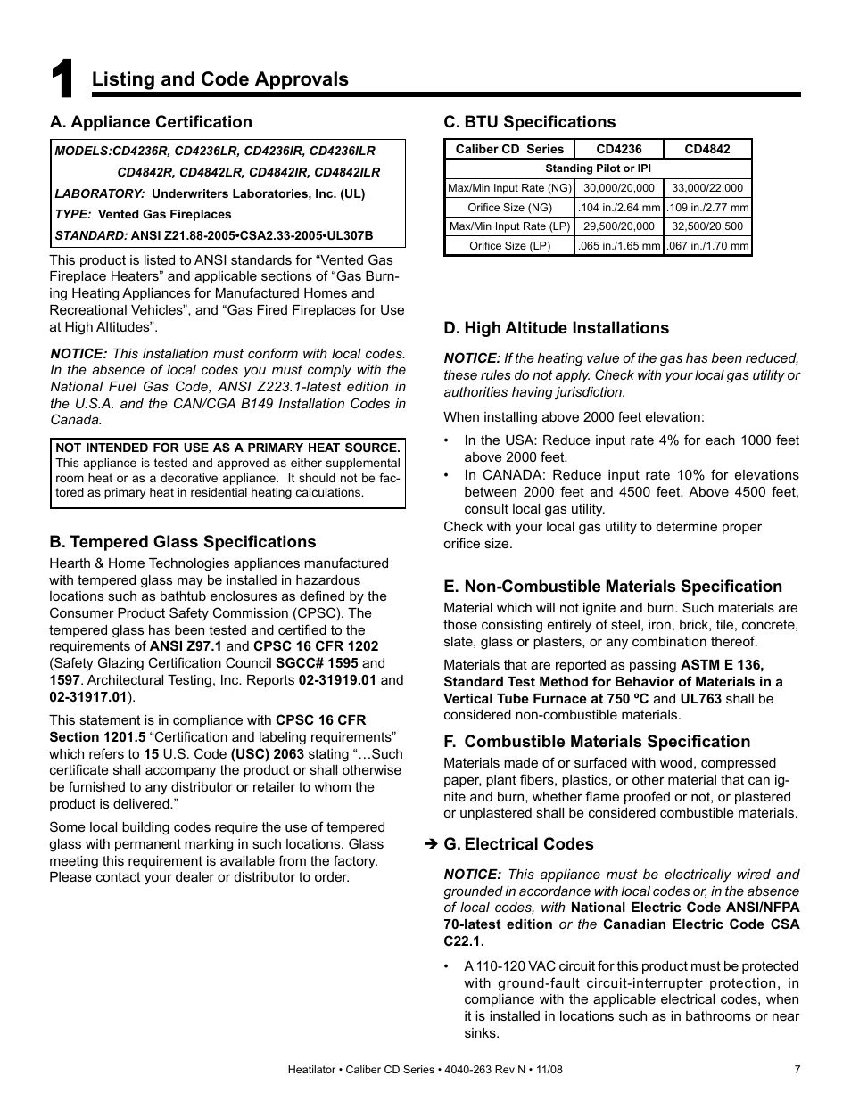 Listing and code approvals | Hearth and Home Technologies Direct Vent Gas Appliance CD4842LR User Manual | Page 7 / 80
