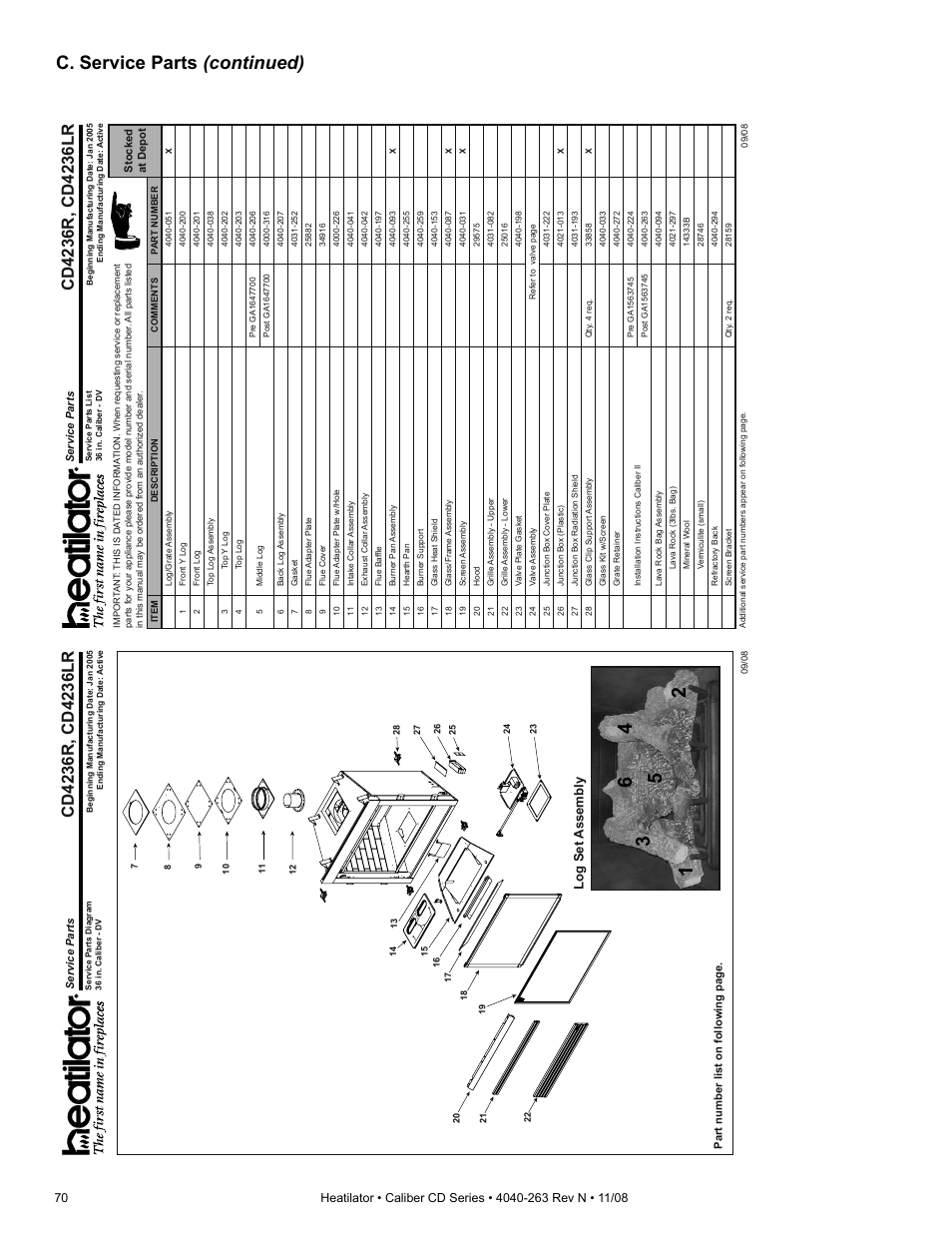 C. service parts (continued), Log set assembly | Hearth and Home Technologies Direct Vent Gas Appliance CD4842LR User Manual | Page 70 / 80