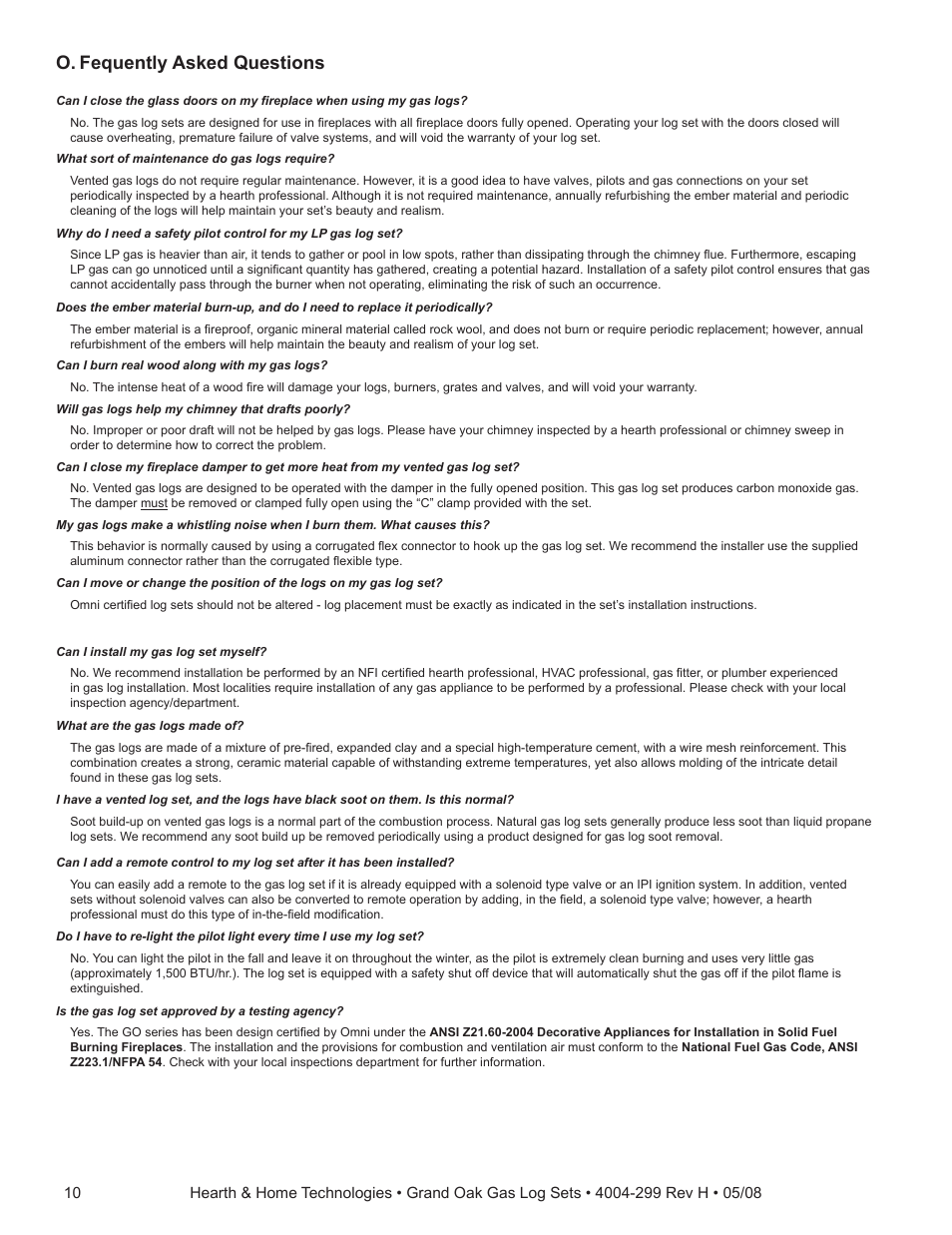 O. fequently asked questions | Hearth and Home Technologies GO24-IPI-LP User Manual | Page 10 / 27