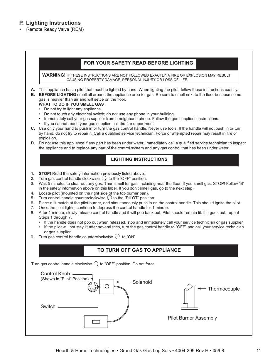 P. lighting instructions, Control knob, Switch pilot burner assembly thermocouple solenoid | Hearth and Home Technologies GO24-IPI-LP User Manual | Page 11 / 27