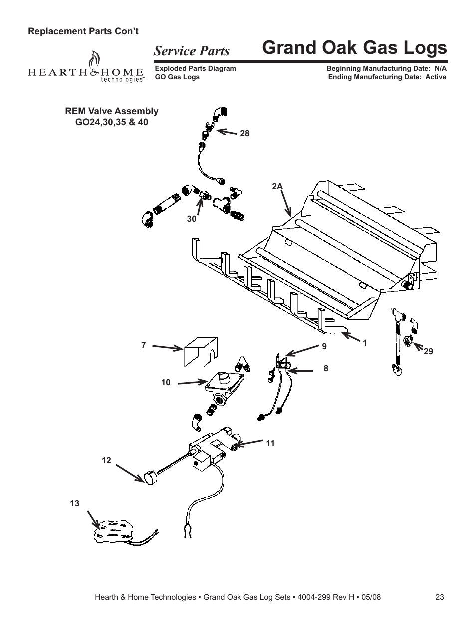 Grand oak gas logs, Service parts | Hearth and Home Technologies GO24-IPI-LP User Manual | Page 23 / 27