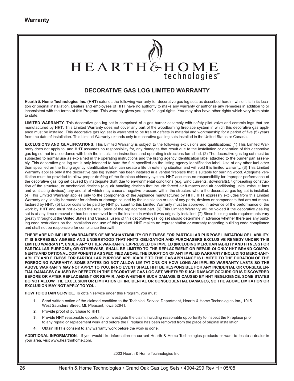 Decorative gas log limited warranty, Warranty | Hearth and Home Technologies GO24-IPI-LP User Manual | Page 26 / 27