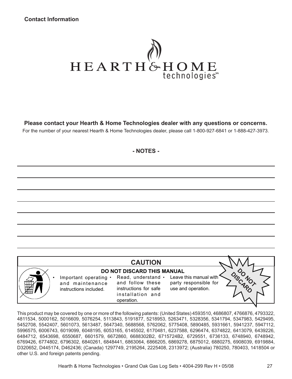 Caution | Hearth and Home Technologies GO24-IPI-LP User Manual | Page 27 / 27