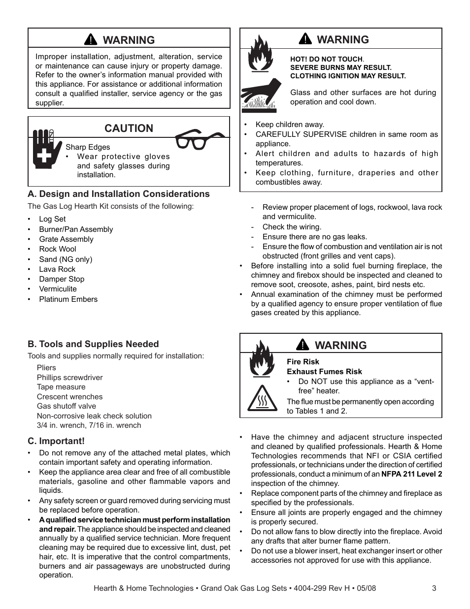 Warning, Caution | Hearth and Home Technologies GO24-IPI-LP User Manual | Page 3 / 27