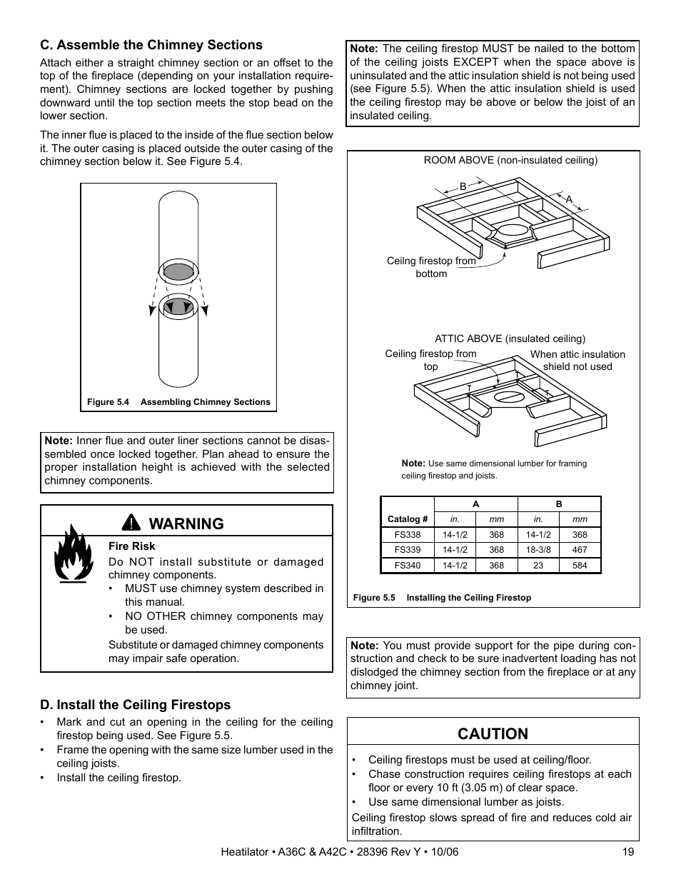 Caution, Warning, D. install the ceiling firestops | Hearth and Home Technologies A42CH  EN User Manual | Page 19 / 52
