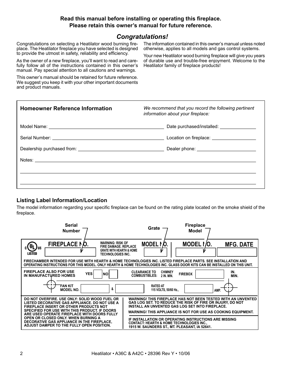 Homeowner reference information, Listing label information/location | Hearth and Home Technologies A42CH  EN User Manual | Page 2 / 52