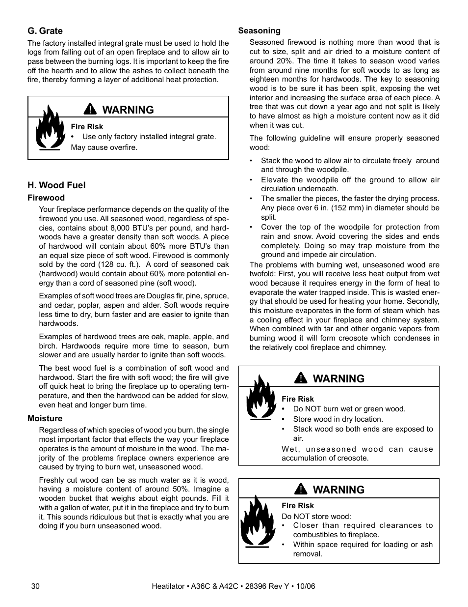 Warning | Hearth and Home Technologies A42CH  EN User Manual | Page 30 / 52