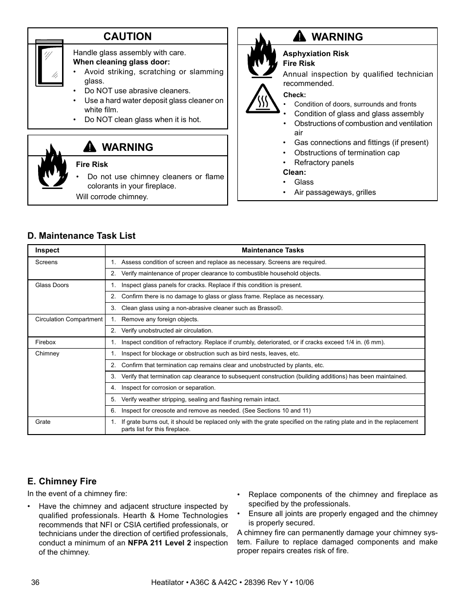 Warning, Caution, D. maintenance task list | E. chimney fire | Hearth and Home Technologies A42CH  EN User Manual | Page 36 / 52