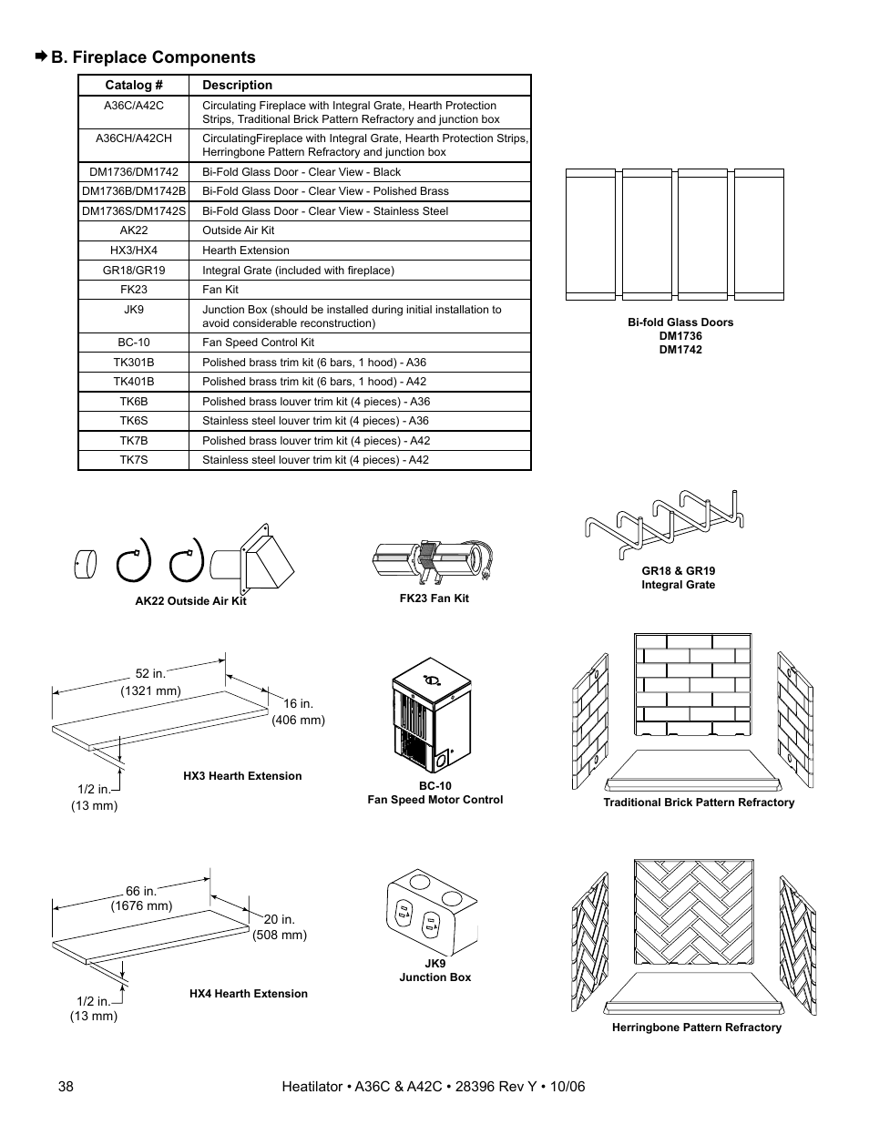 B. fireplace components | Hearth and Home Technologies A42CH  EN User Manual | Page 38 / 52