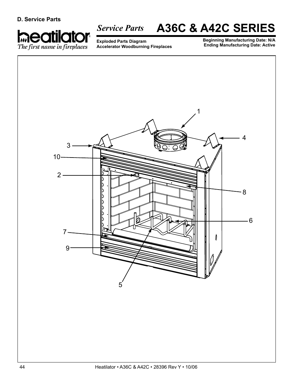 A36c & a42c series, Service parts | Hearth and Home Technologies A42CH  EN User Manual | Page 44 / 52