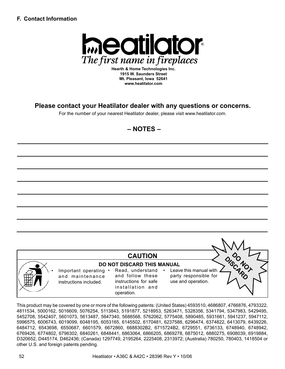 Caution, Do not discard | Hearth and Home Technologies A42CH  EN User Manual | Page 52 / 52