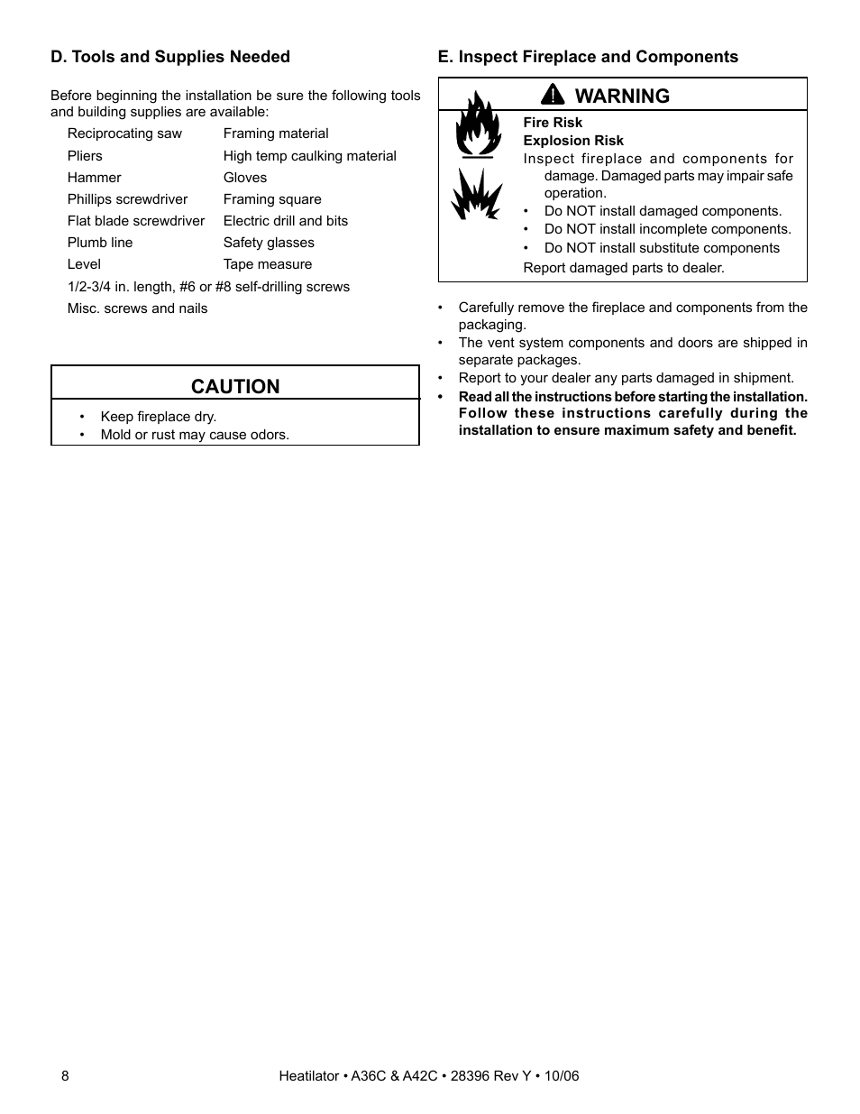 Caution, Warning | Hearth and Home Technologies A42CH  EN User Manual | Page 8 / 52