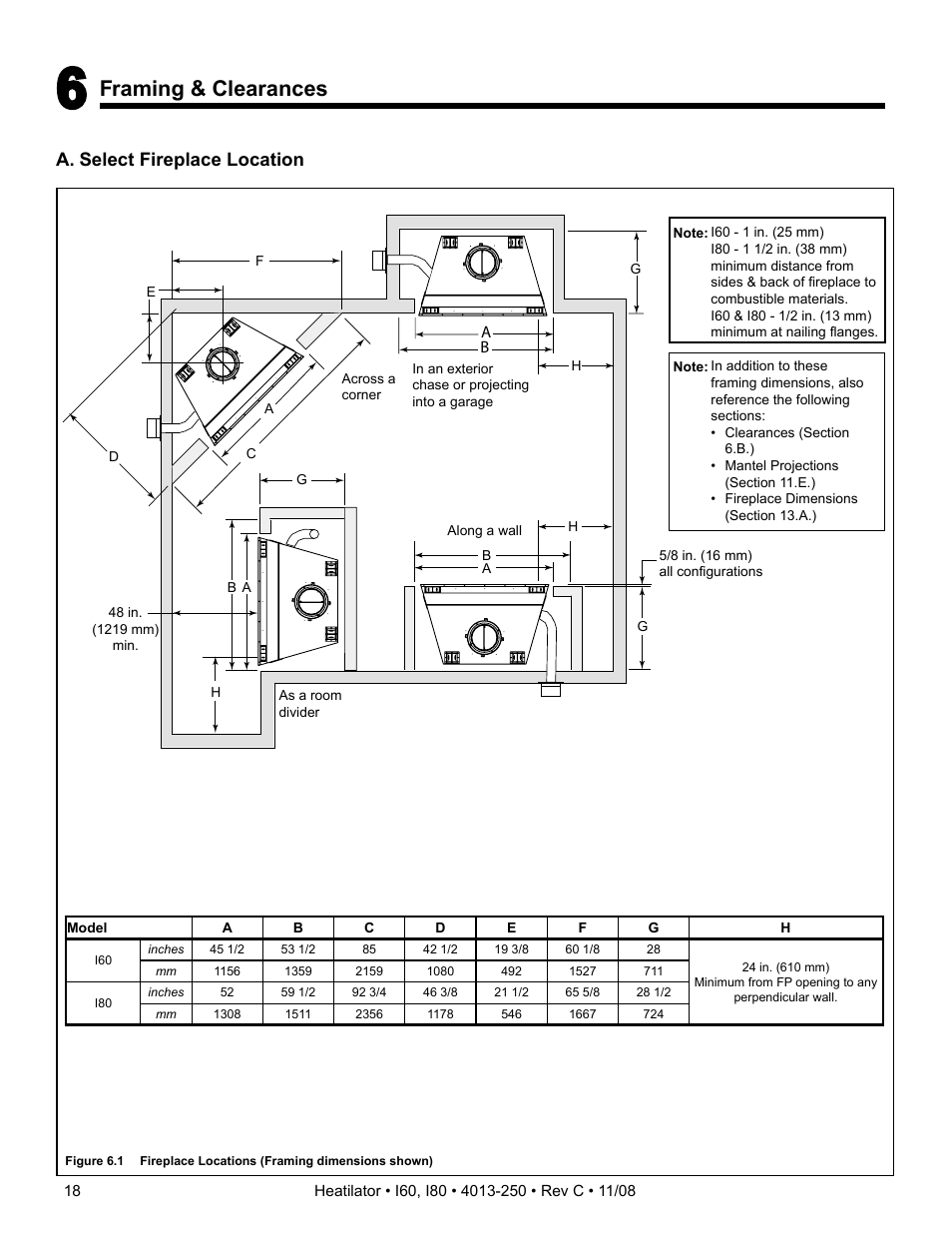 Framing & clearances, A. select fireplace location | Hearth and Home Technologies I60 User Manual | Page 18 / 56