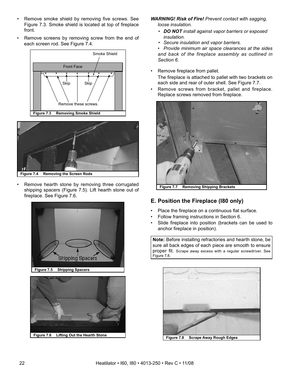 E. position the fireplace (i80 only) | Hearth and Home Technologies I60 User Manual | Page 22 / 56