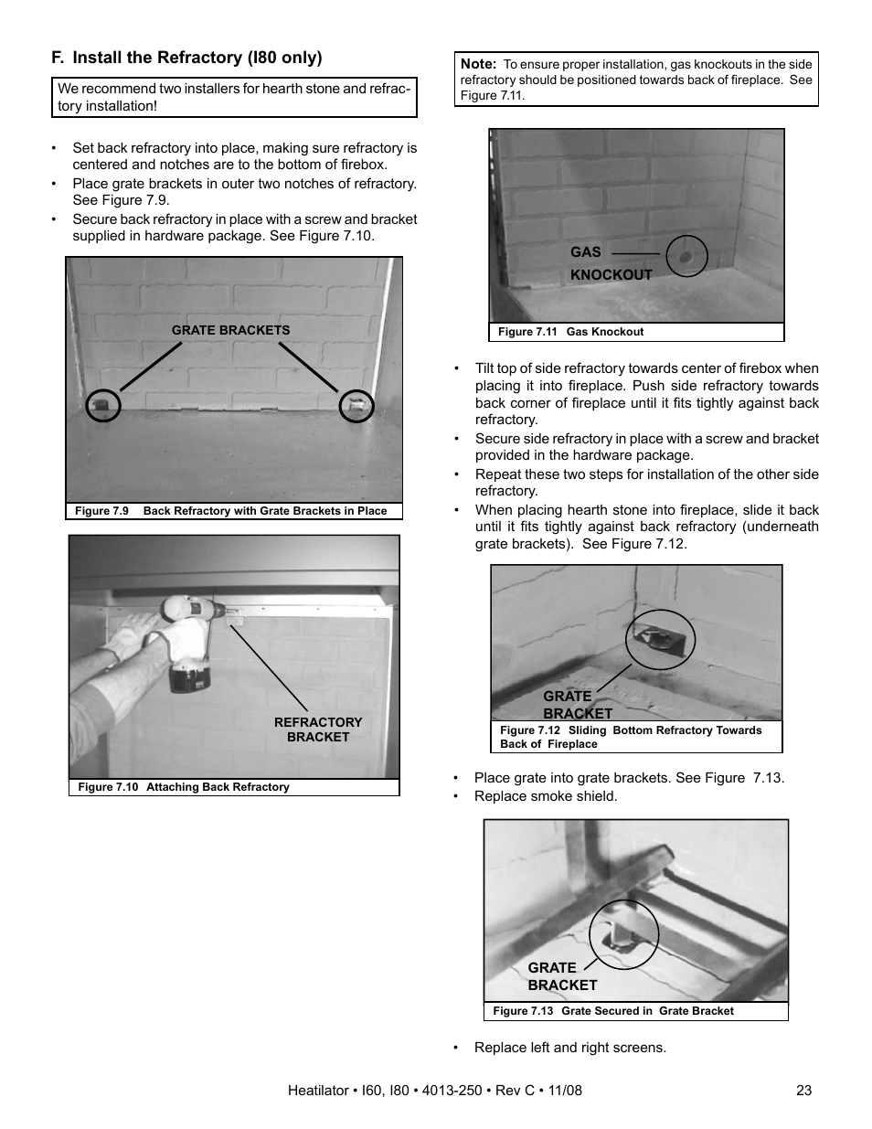 F. install the refractory (i80 only) | Hearth and Home Technologies I60 User Manual | Page 23 / 56