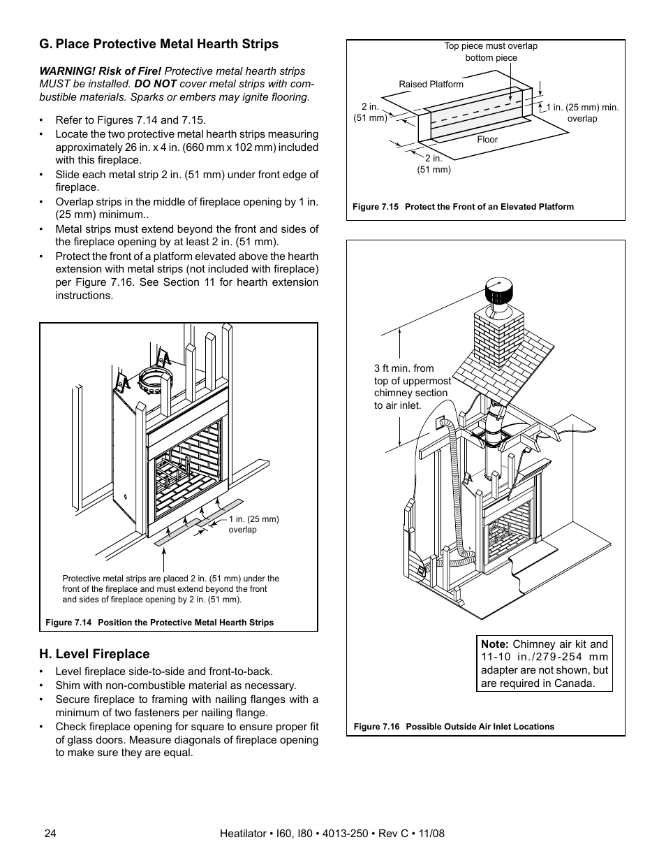 G. place protective metal hearth strips, H. level fireplace | Hearth and Home Technologies I60 User Manual | Page 24 / 56