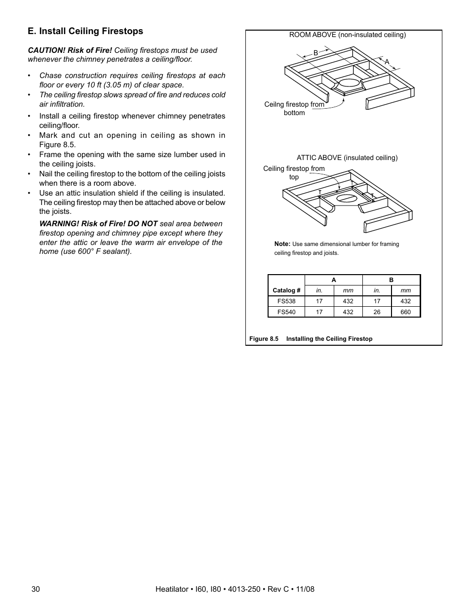 E. install ceiling firestops | Hearth and Home Technologies I60 User Manual | Page 30 / 56