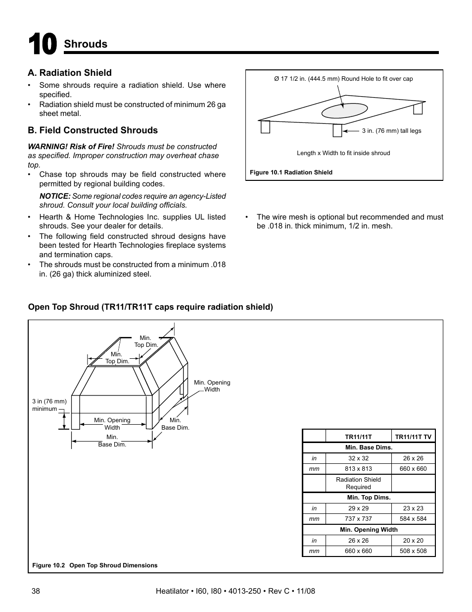 Shrouds, A. radiation shield, B. field constructed shrouds | Hearth and Home Technologies I60 User Manual | Page 38 / 56