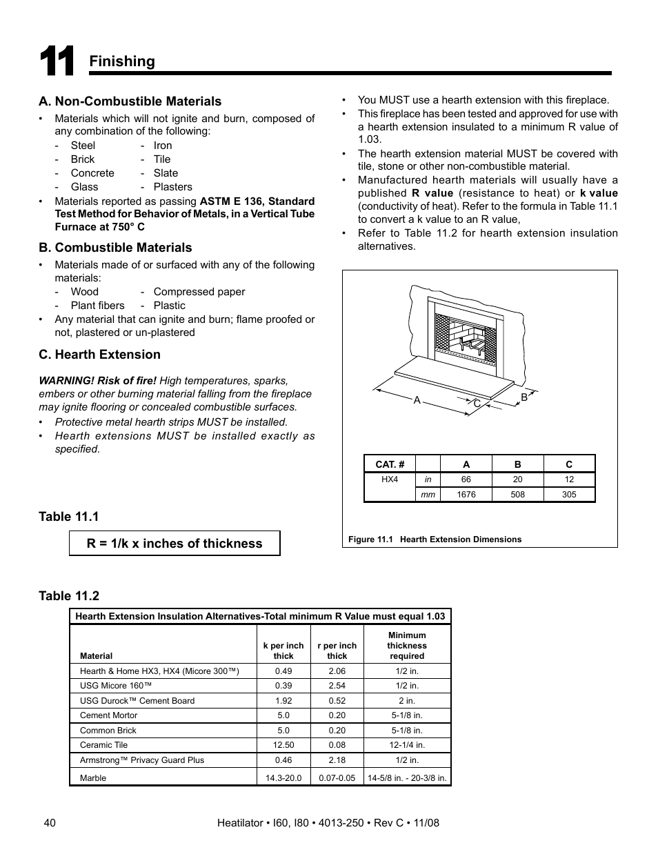 Finishing, A. non-combustible materials, B. combustible materials | Table 11.2 c. hearth extension, Table 11.1, R = 1/k x inches of thickness | Hearth and Home Technologies I60 User Manual | Page 40 / 56