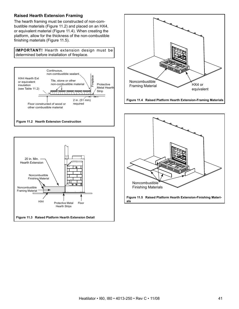 Raised hearth extension framing | Hearth and Home Technologies I60 User Manual | Page 41 / 56