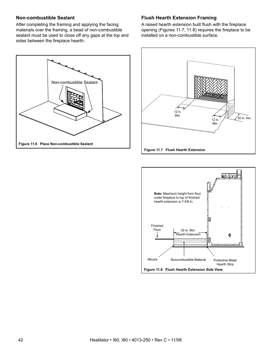 Non-combustible sealant, Flush hearth extension framing | Hearth and Home Technologies I60 User Manual | Page 42 / 56