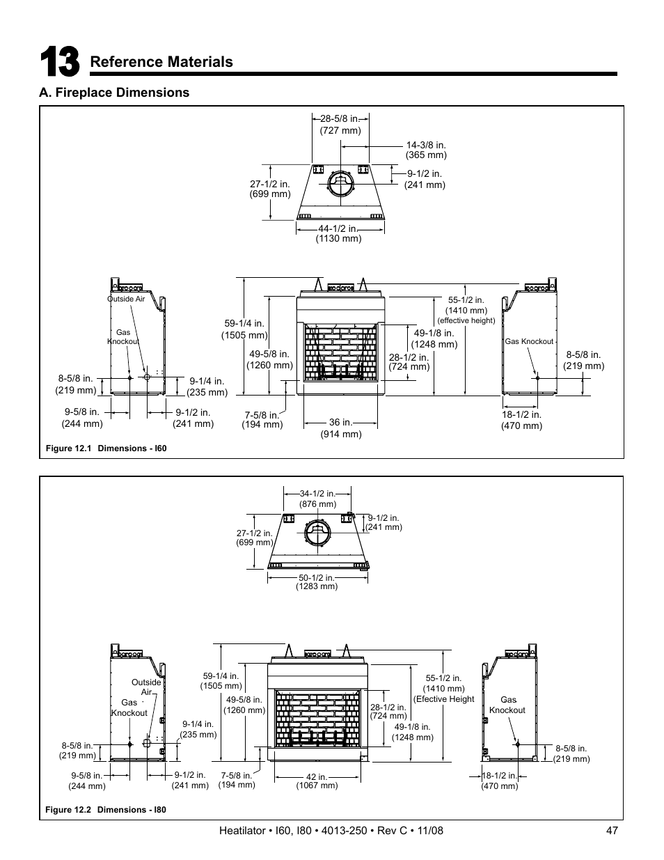 Reference materials, A. fireplace dimensions | Hearth and Home Technologies I60 User Manual | Page 47 / 56