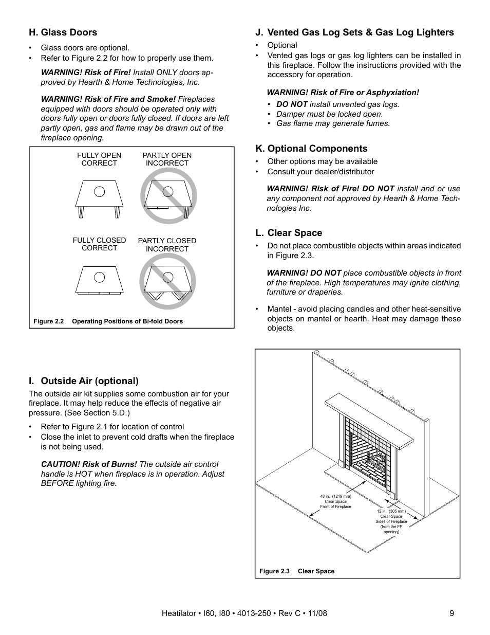 I. outside air (optional), H. glass doors, J. vented gas log sets & gas log lighters | K. optional components, L. clear space | Hearth and Home Technologies I60 User Manual | Page 9 / 56