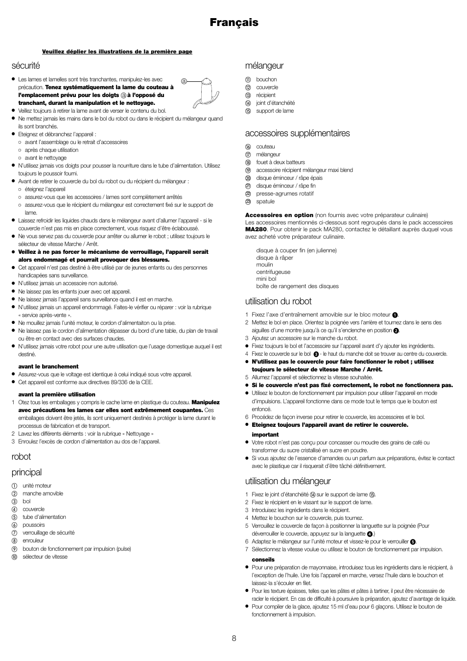 Français, Mélangeur, Accessoires supplémentaires | Utilisation du robot, Utilisation du mélangeur, Sécurité, Robot principal | Kenwood FP479 User Manual | Page 11 / 47
