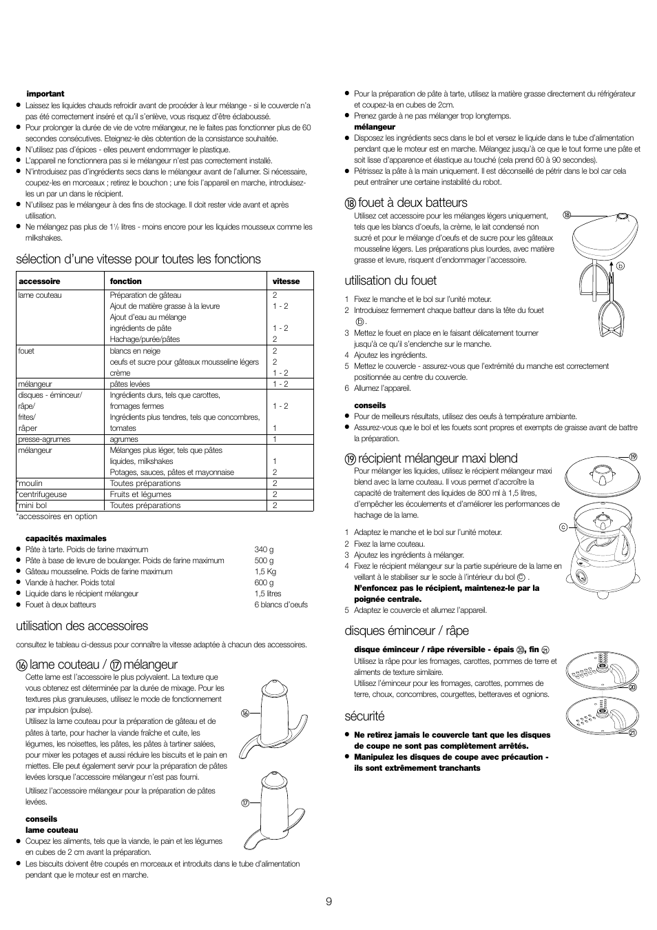 Sélection d’une vitesse pour toutes les fonctions, Utilisation des accessoires, Lame couteau | Mélangeur, Fouet à deux batteurs, Utilisation du fouet, Récipient mélangeur maxi blend, Disques éminceur / râpe, Sécurité | Kenwood FP479 User Manual | Page 12 / 47