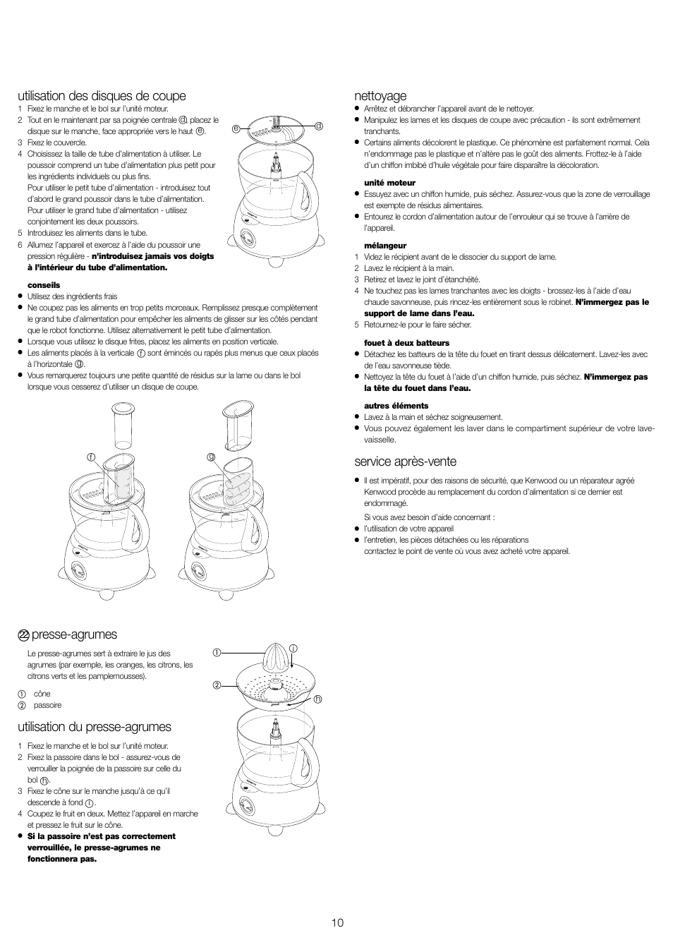 Utilisation des disques de coupe, Presse-agrumes, Utilisation du presse-agrumes | Nettoyage, Service après-vente | Kenwood FP479 User Manual | Page 13 / 47