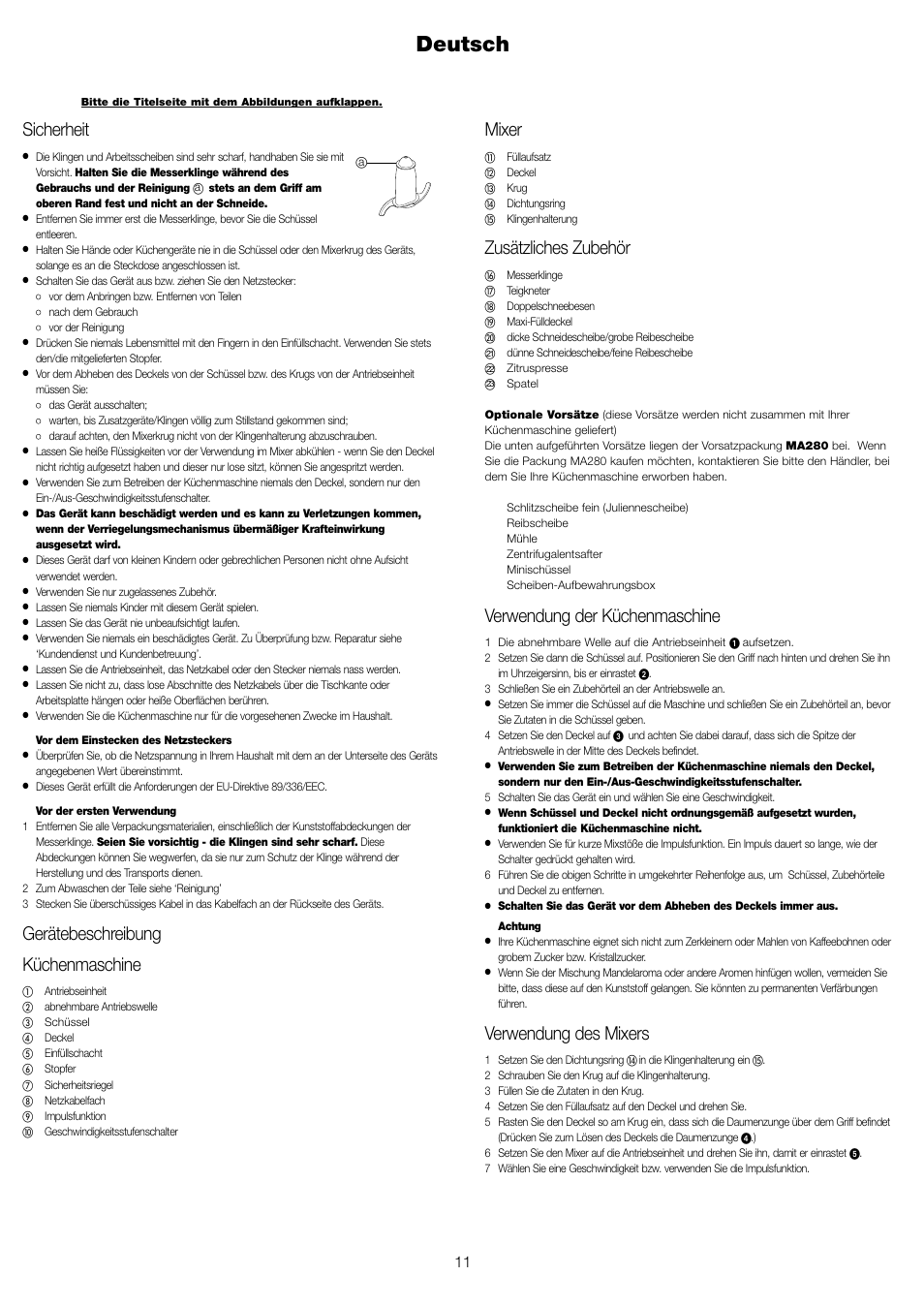 Deutsch, Mixer, Zusätzliches zubehör | Verwendung der küchenmaschine, Verwendung des mixers, Sicherheit, Gerätebeschreibung küchenmaschine | Kenwood FP479 User Manual | Page 14 / 47