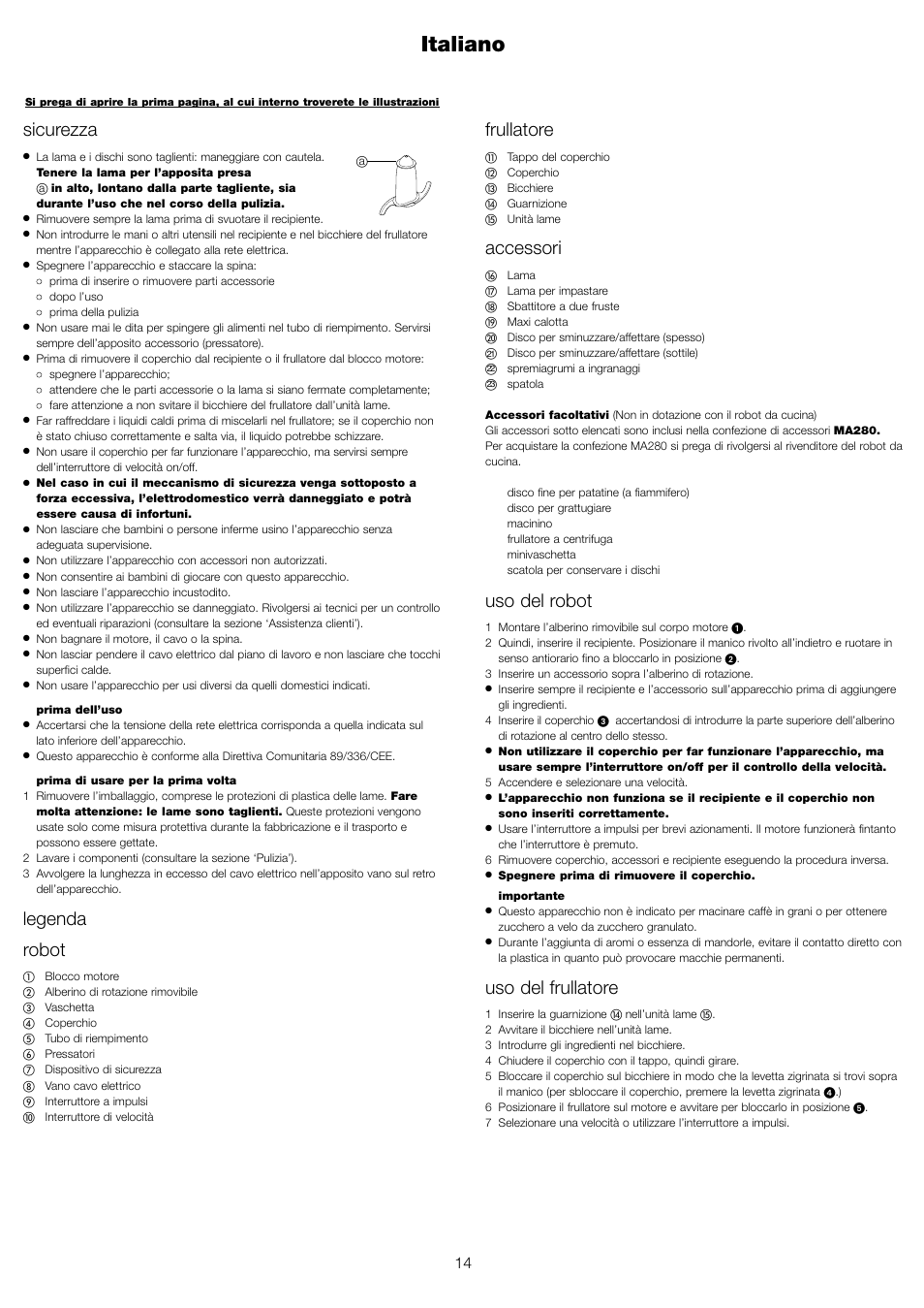 Italiano, Frullatore, Accessori | Uso del robot, Uso del frullatore, Sicurezza, Legenda robot | Kenwood FP479 User Manual | Page 17 / 47