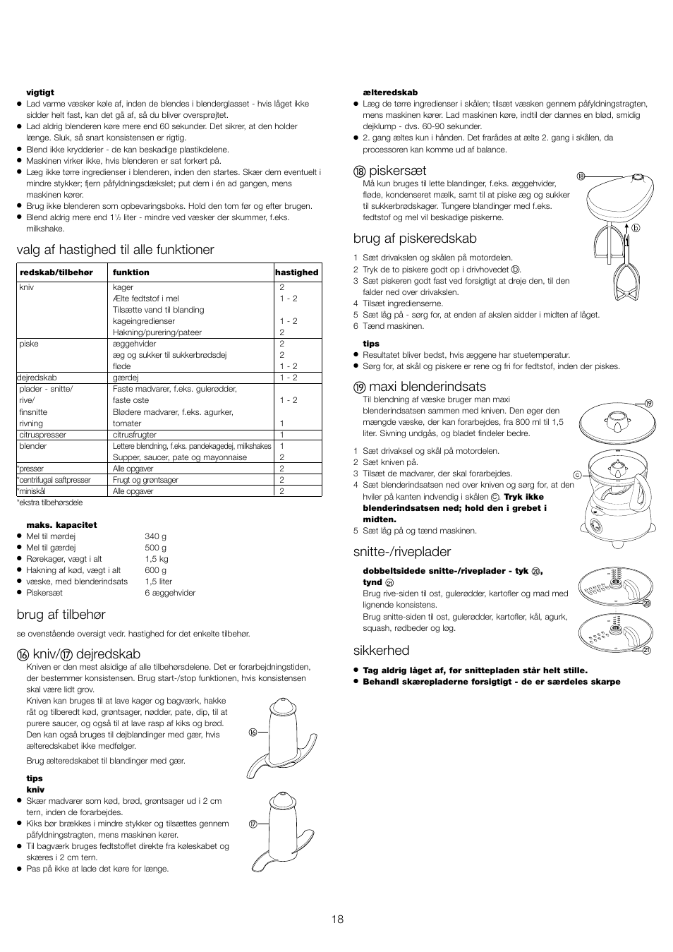 Valg af hastighed til alle funktioner, Brug af tilbehør, Kniv | Dejredskab, Piskersæt, Brug af piskeredskab, Maxi blenderindsats, Snitte-/riveplader, Sikkerhed | Kenwood FP479 User Manual | Page 21 / 47
