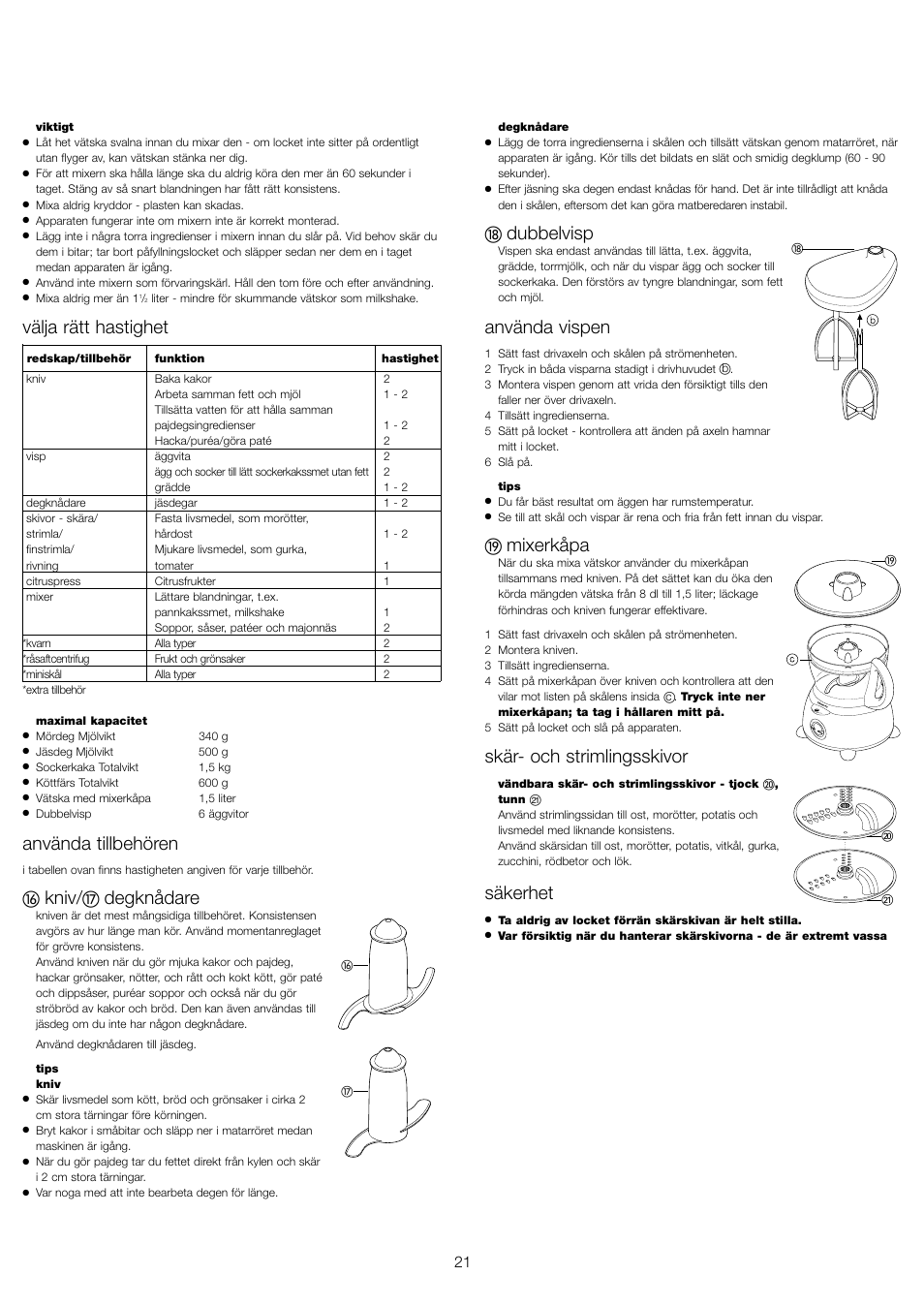 Välja rätt hastighet, Använda tillbehören, Kniv | Degknådare, Dubbelvisp, Använda vispen, Mixerkåpa, Skär- och strimlingsskivor, Säkerhet | Kenwood FP479 User Manual | Page 24 / 47
