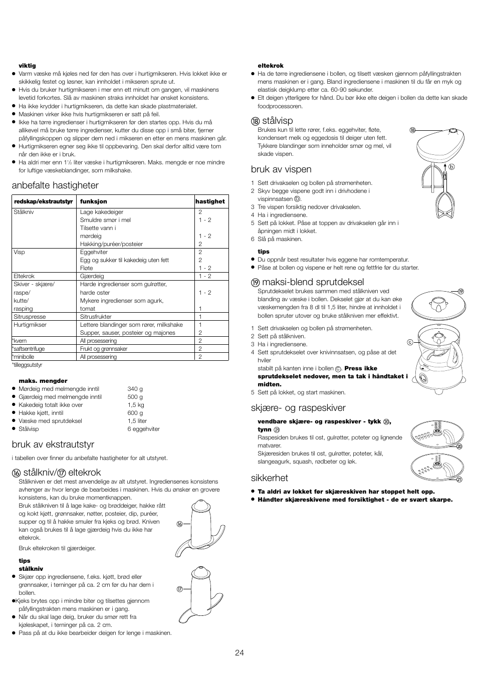 Anbefalte hastigheter, Bruk av ekstrautstyr, Stålkniv | Eltekrok, Stålvisp, Bruk av vispen, Maksi-blend sprutdeksel, Skjære- og raspeskiver, Sikkerhet | Kenwood FP479 User Manual | Page 27 / 47