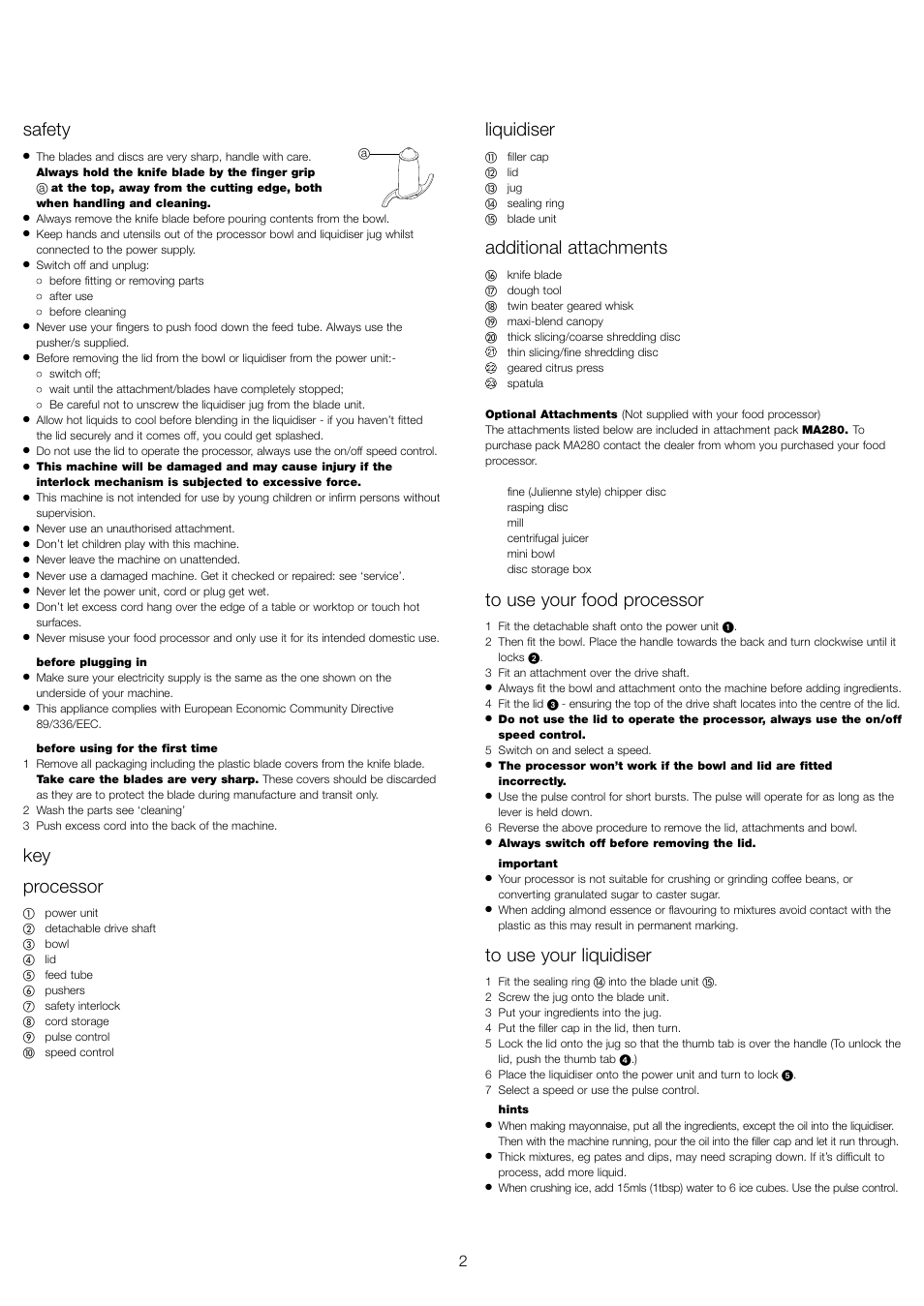 Liquidiser, Additional attachments, Safety | Key processor | Kenwood FP479 User Manual | Page 5 / 47