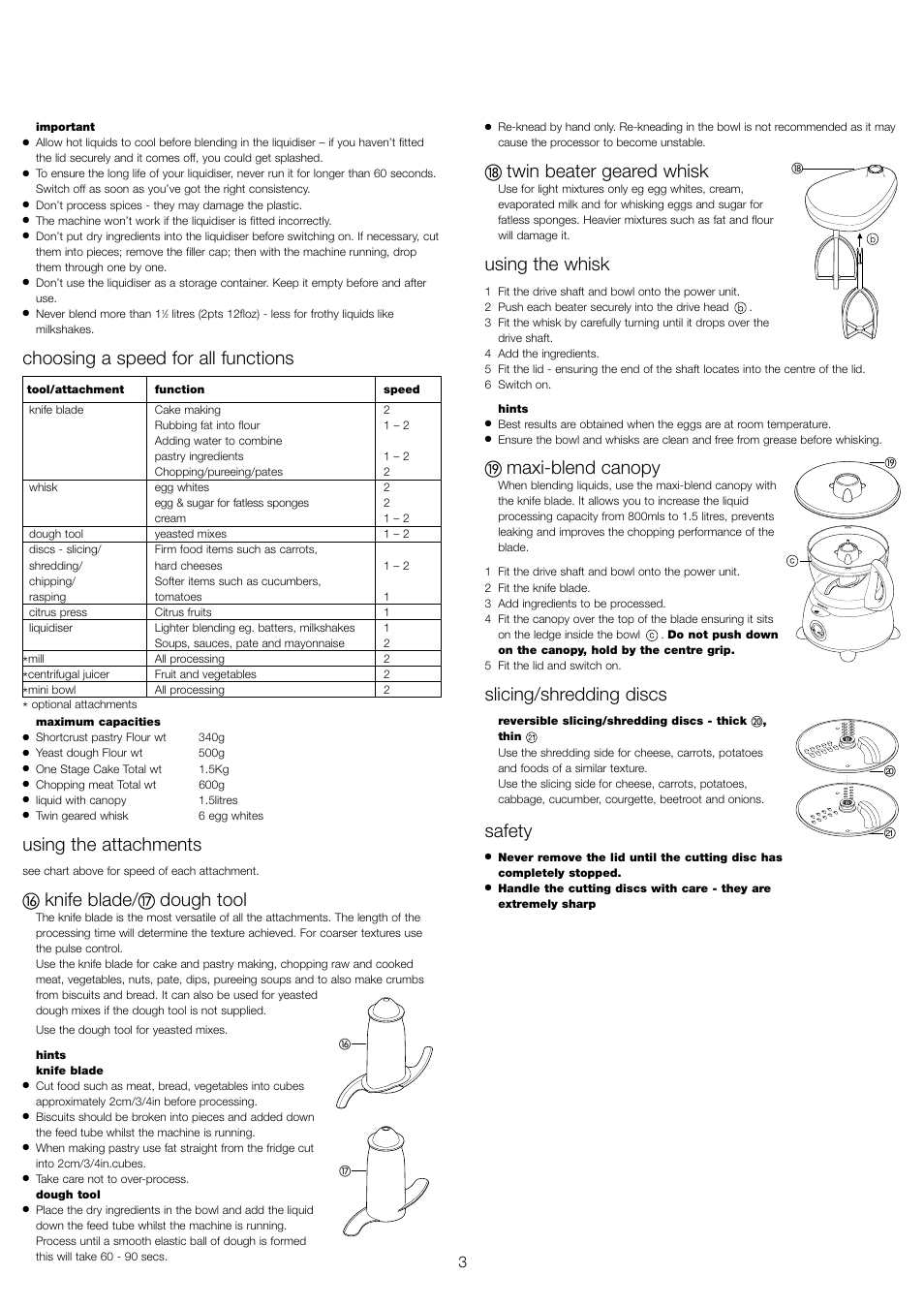 Choosing a speed for all functions, Using the attachments, Knife blade | Dough tool, Twin beater geared whisk, Using the whisk, Maxi-blend canopy, Slicing/shredding discs, Safety | Kenwood FP479 User Manual | Page 6 / 47